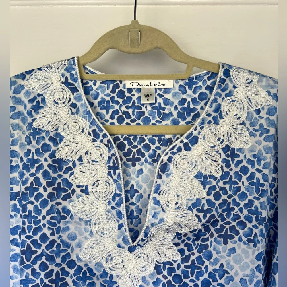 Oscar de la Renta Embroidered Caftan Tunic Dress Coverup Resort Blue Sleep Small - Picture 5 of 10